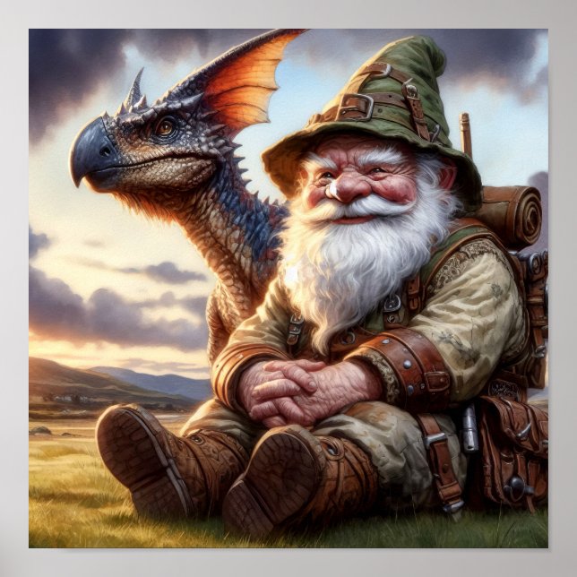 Póster Un guerrero de Gnome posando con su dragón (Frente)