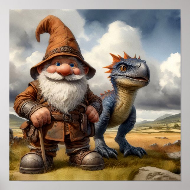 Póster Un guerrero de Gnome posando con su dragón (Frente)