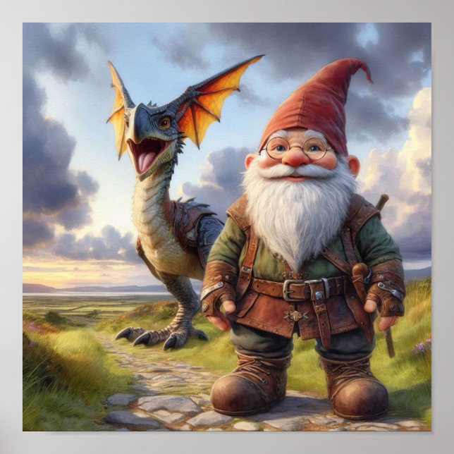 Póster Un guerrero de Gnome posando con su dragón (Frente)