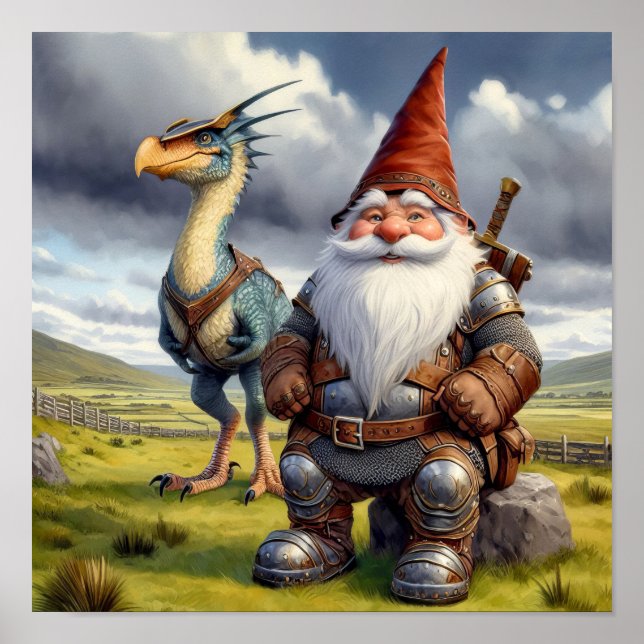 Póster Un guerrero de Gnome posando con su dragón (Frente)