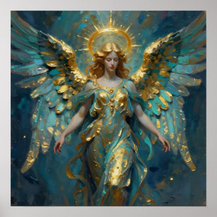 Póster Un hermoso ángel de oro y turquesa