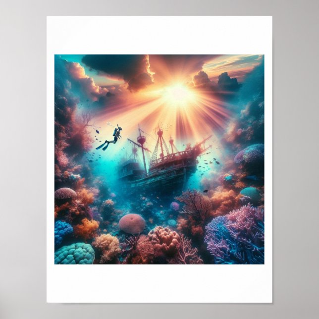 Póster Un hermoso arrecife con un viejo naufragio (Frente)