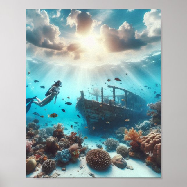 Póster Un hermoso buzo observa un naufragio (Frente)