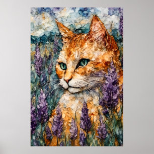 Póster Un hermoso gato jengibre en un campo de lavanda