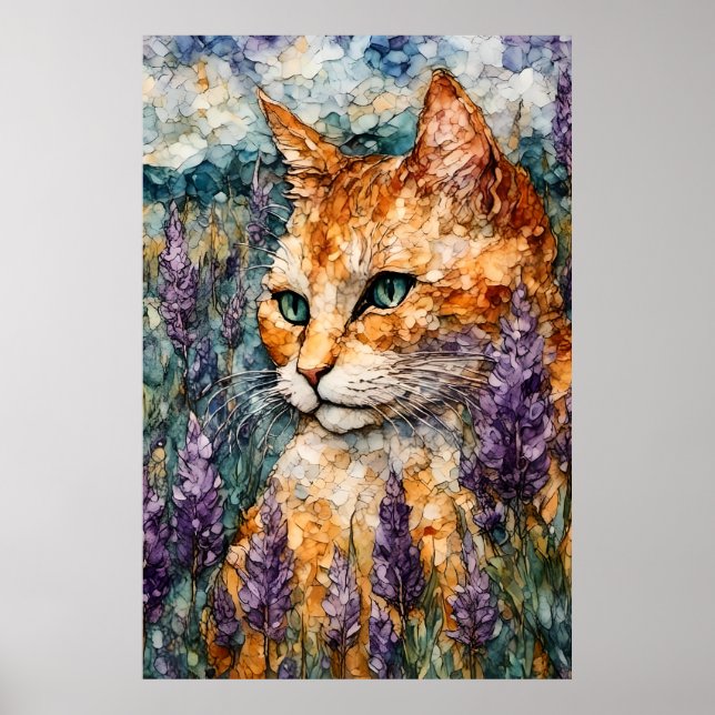 Póster Un hermoso gato jengibre en un campo de lavanda (Frente)
