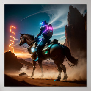 Póster Un hombre futurista montando un caballo en el desi