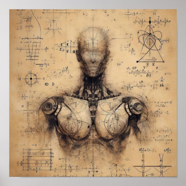 Póster Un humanoide superpuesto en una hoja de datos (Frente)