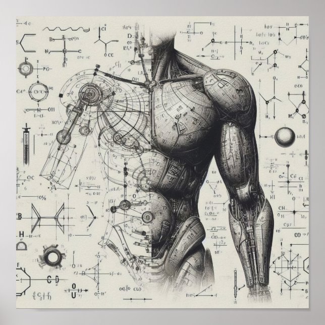 Póster Un humanoide superpuesto en una hoja de datos (Frente)