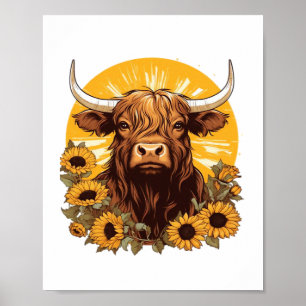 Póster Un Ilustracion de vaca de Highland con Sunflowers 