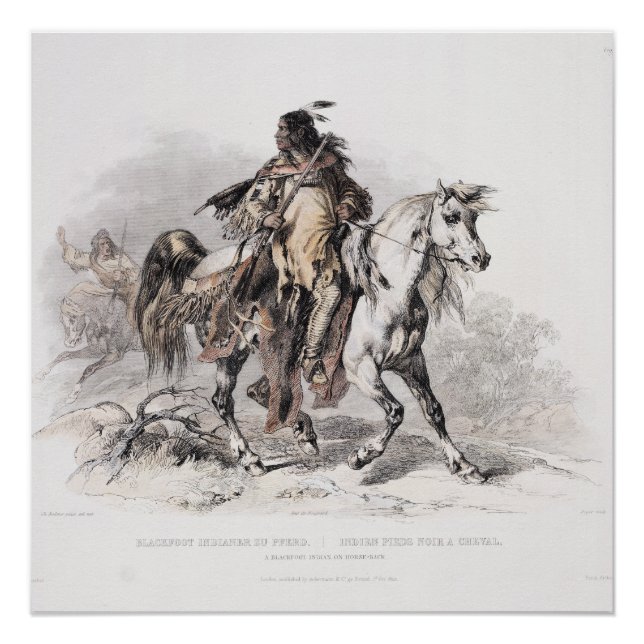 Póster Un indio de pie negro a caballo. (Anverso)