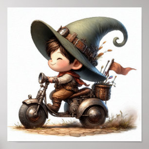 Póster Un joven niño feliz montando un scooter steampunk