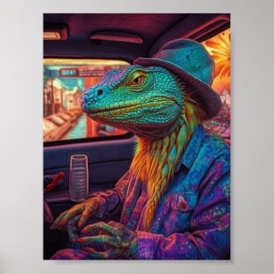 Póster Un lagarto psicodélico en un vehículo