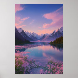 Póster Un lago de montaña y un cielo rosado
