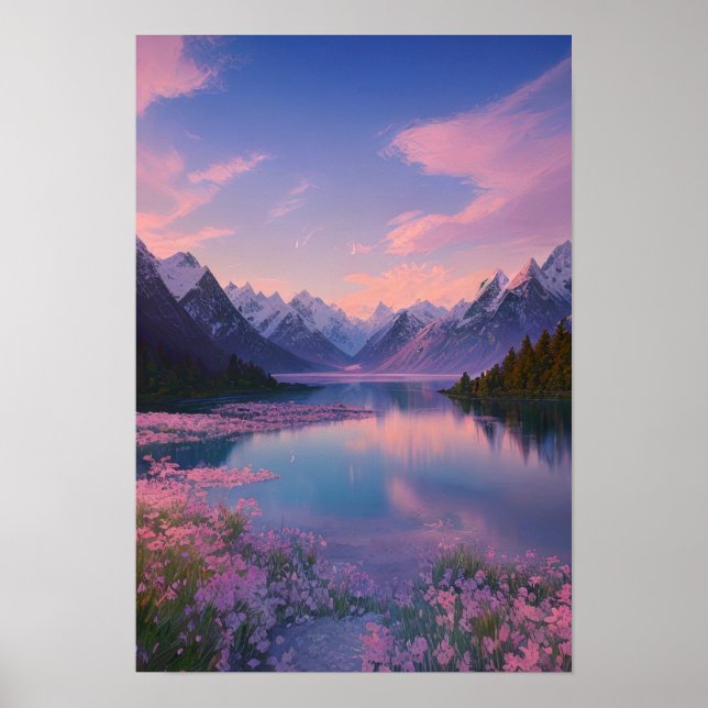 Póster Un lago de montaña y un cielo rosado (Frente)
