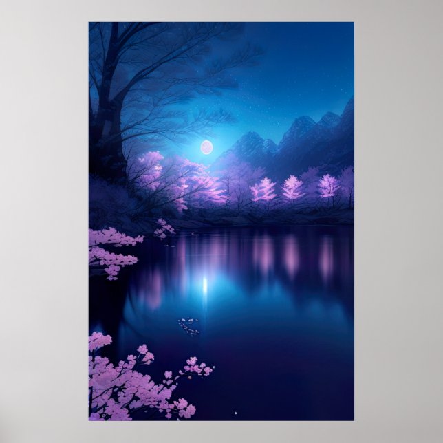 Póster Un lago floreciente de cerezos de noche (Frente)