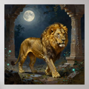Póster Un León Dorado Paseando bajo la Luz de la Luna