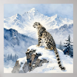 Póster Un leopardo de las nieves en pico nevado
