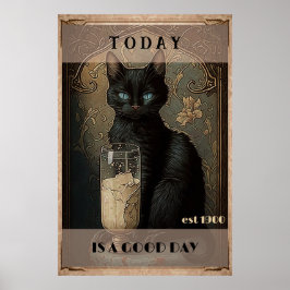 Póster Un lindo gato negro gracioso bebiendo leche
