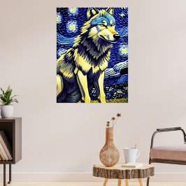 Póster Un lobo en la noche estrellada