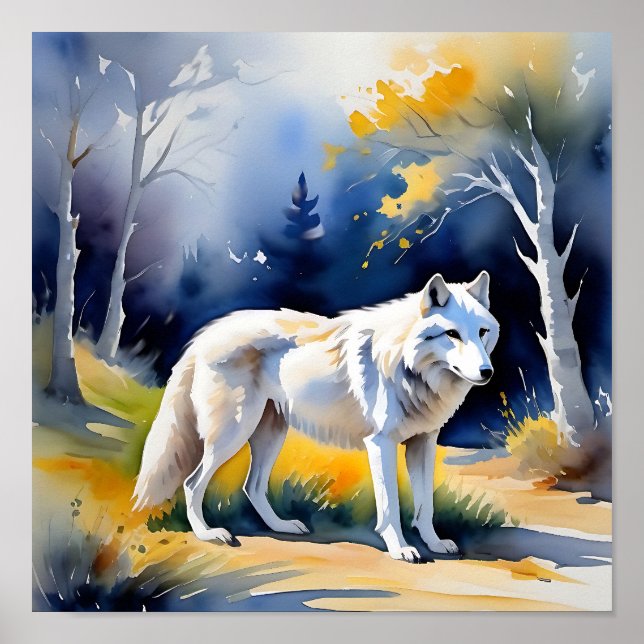 Póster Un lobo en una pintura de la acuarela del bosque (Frente)