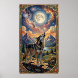 Póster Un lobo solitario aúlla a una luna 