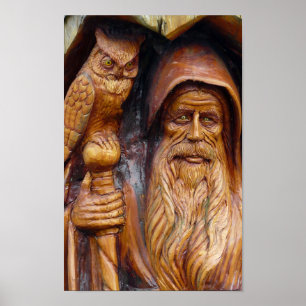 Póster Un mago y un búho emergen de caverna
