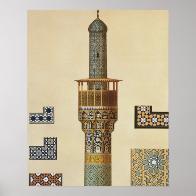 Póster Un minarete y detalles de cerámica de la mezquita  (Frente)