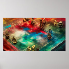 Póster Un moderno tablero de ajedrez verde azulado rojo a