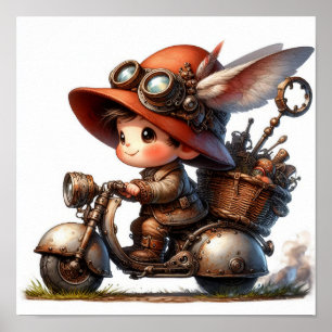 Póster Un niño joven feliz montando un ciclomotor de vapo