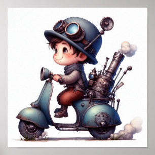 Póster Un niño joven feliz montando un skooter de Steampu