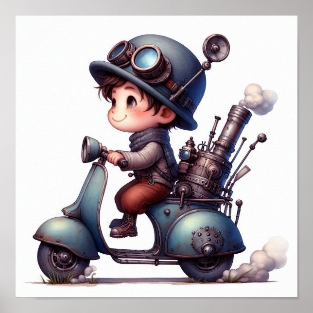 Póster Un niño joven feliz montando un skooter de Steampu (Frente)
