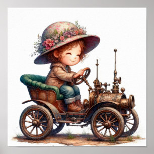 Póster Un niño joven feliz montando un vehículo Steampunk