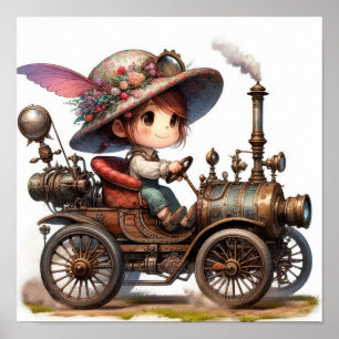 Póster Un niño joven feliz montando un vehículo Steampunk