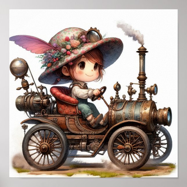 Póster Un niño joven feliz montando un vehículo Steampunk (Frente)
