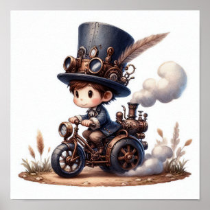 Póster Un niño joven feliz montando un vehículo Steampunk
