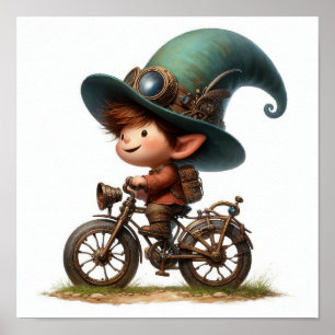 Póster Un niño joven feliz montando una bicicleta de vapo