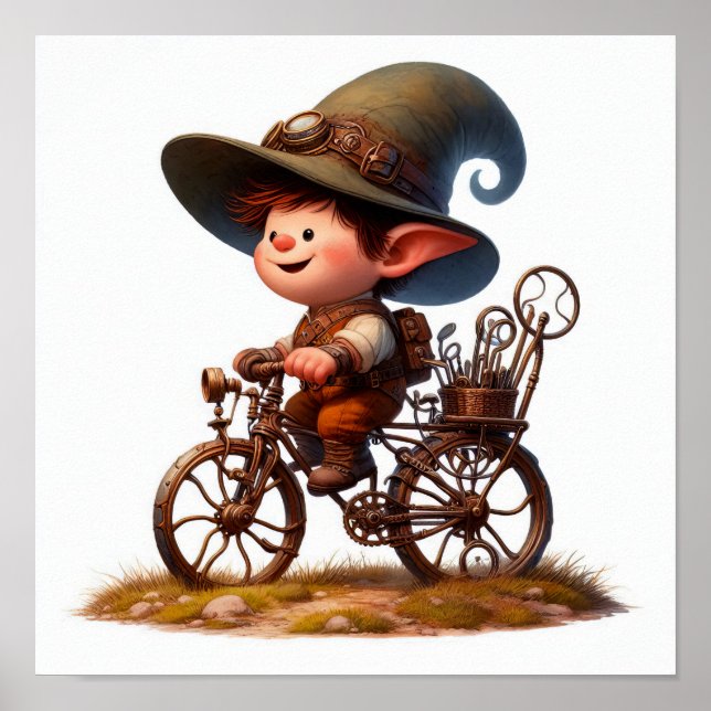 Póster Un niño joven feliz montando una bicicleta de vapo (Frente)