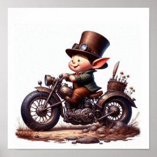Póster Un niño joven feliz montando una moto Steampunk