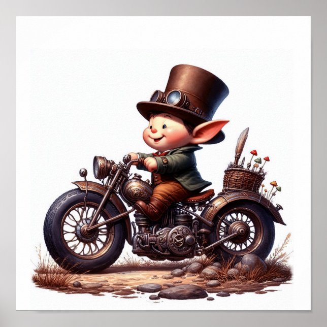Póster Un niño joven feliz montando una moto Steampunk (Frente)