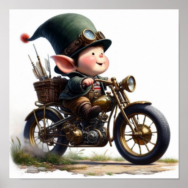 Póster Un niño joven feliz montando una moto Steampunk (Frente)