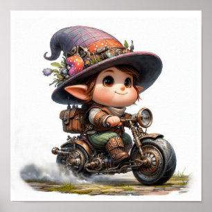 Póster Un niño joven feliz montando una moto Steampunk
