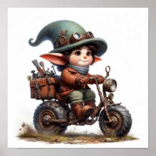 Póster Un niño joven feliz montando una moto Steampunk