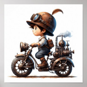 Póster Un niño joven feliz montando una motocicleta Steam