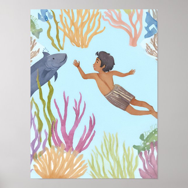 Póster Un niño libre de buceo en el caribe (Frente)