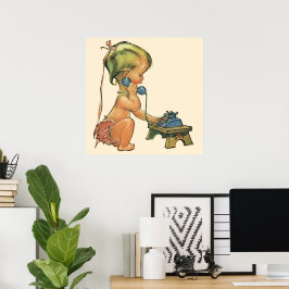 Póster Un niño vintage, Chica rubio lindo, habla por telé