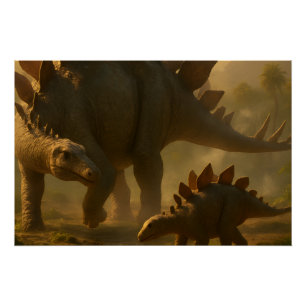 Póster Un noble Stegosaurus adulto guía suavemente a su j