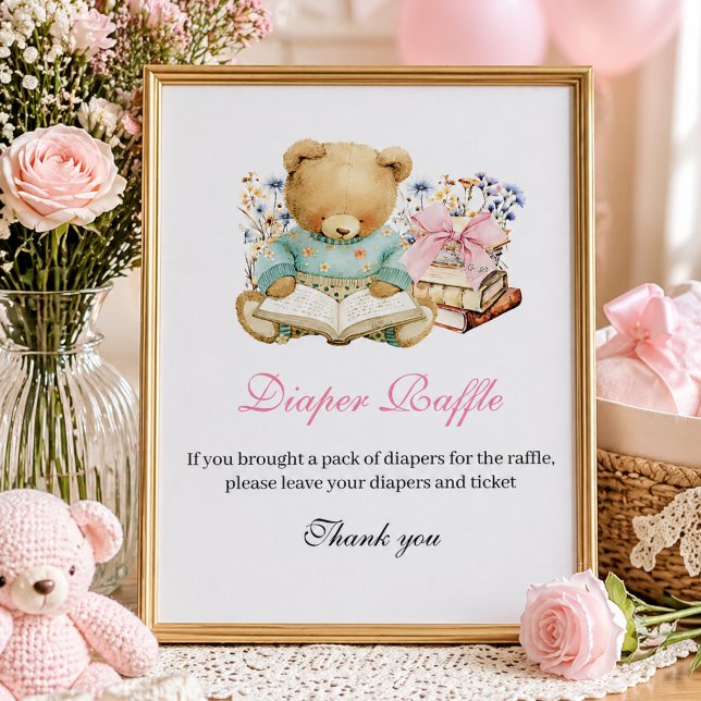 Póster Un nuevo capítulo comenzará pronto Sorteo de pañal (A new chapter will soon begin baby shower girl, diaper raffle sign)