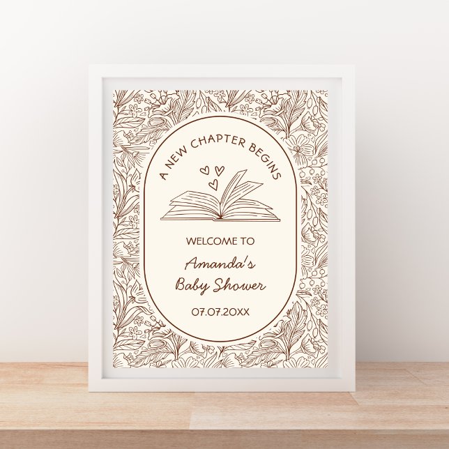 Póster Un Nuevo Capítulo Comienza Libro Bienvenida a la F (A New Chapter Begins Book Baby Shower Welcome Poster)