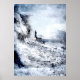 Póster Un océano tormentoso rodea un paisaje de faro