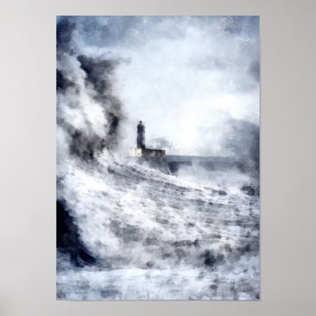 Póster Un océano tormentoso rodea un paisaje de faro (Frente)